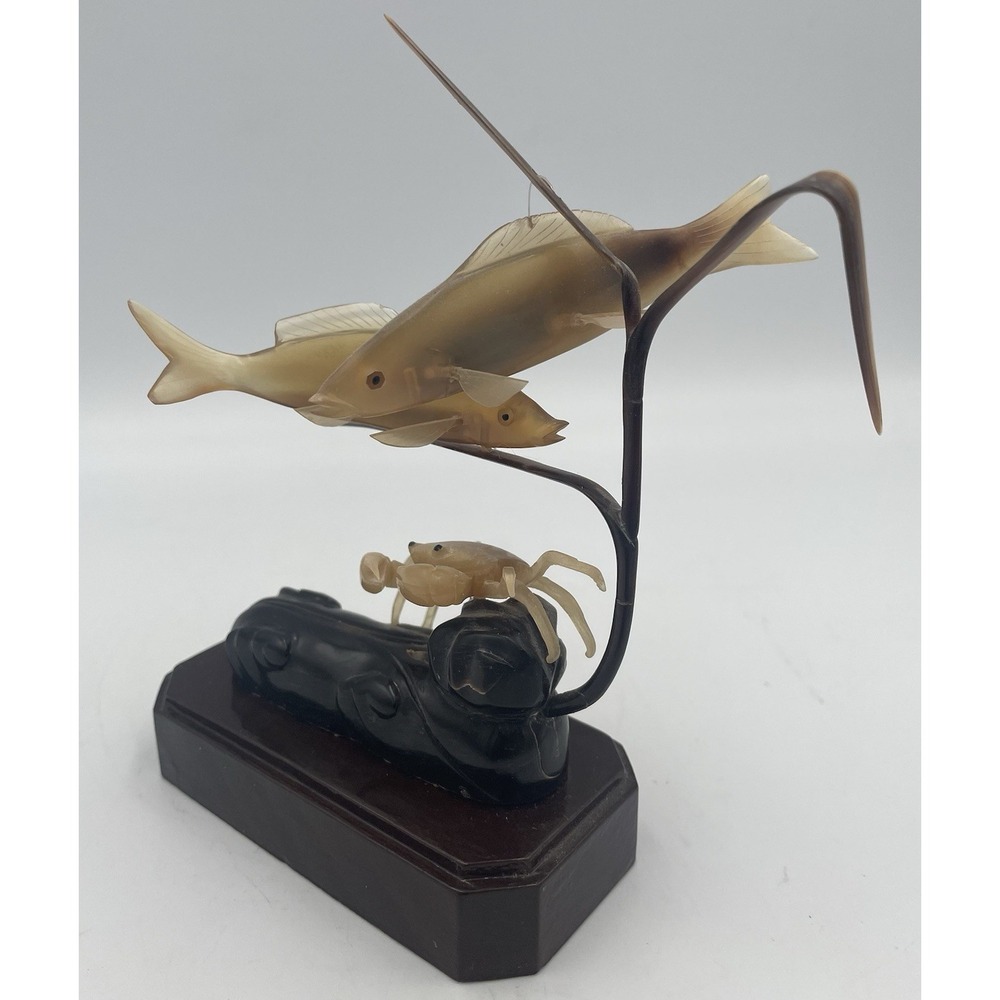Vtg Asian Marine Sea Sculpture Horn Hand Carved Fish Crab Resin Beach Cabin